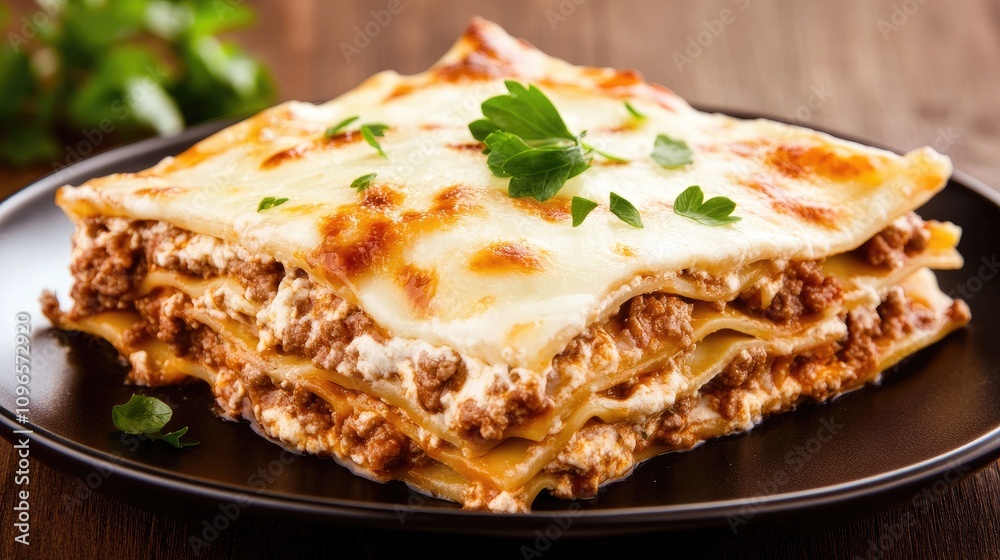 Lasagna features layers of pasta, meat sauce, and mozzarella, garnished with fresh herbs, on a cafe table with warm illumination Lasagna features layers of pasta, meat sauce, and mozzarella, garnished with fresh herbs, on a cafe table with warm illumination