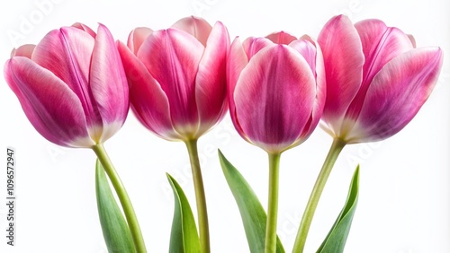 Captivating Panoramic View of Isolated Four Pink Spring Tulip Flowers on a Crisp White Background, Perfect for Floral Decor and Nature Photography Enthusiasts