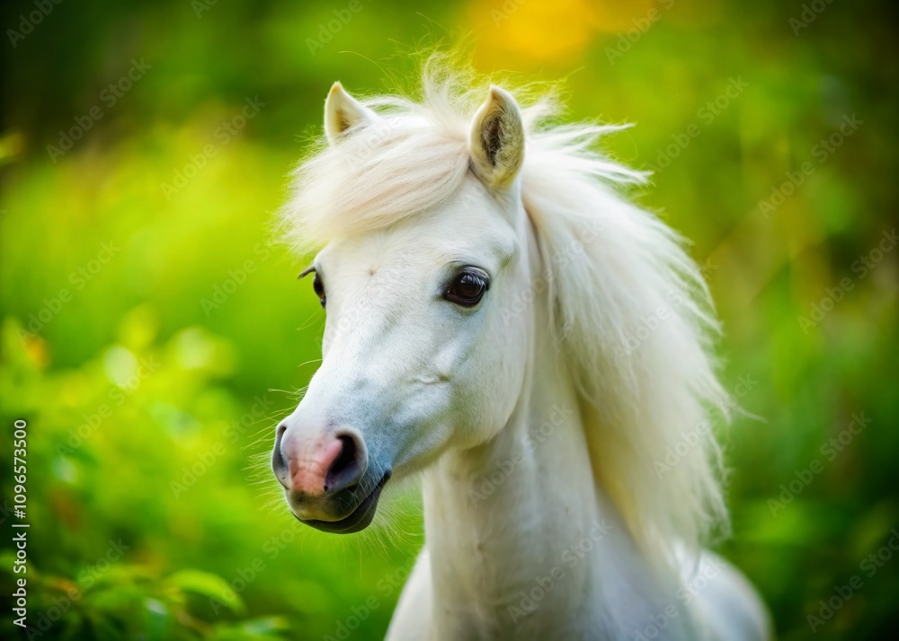 Obraz premium Captivating Portrait of a Small White American Miniature Horse Head Against a Lush Green Nature Background, Showcasing the Beauty of Outdoor Equine Life