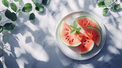 Fresh sliced watermelon on a plate in summertime with copy space 