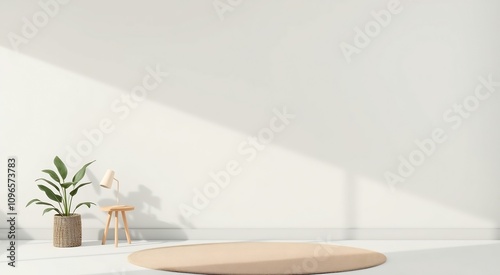 Minimalist living room with a round rug, wooden stool, and a potted plant.