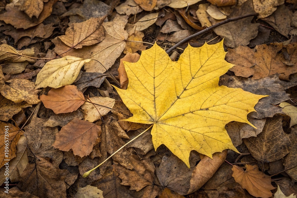Yellow leaf pattern against a dry leaf background creating a sense of depth and texture, autumnal colors,