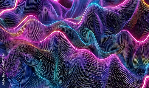 Abstract colorful wave patterns with glowing lines creating a digital landscape. photo