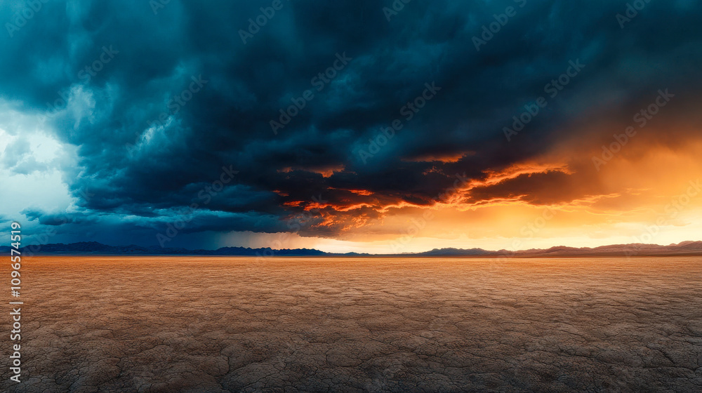Fototapeta premium sunset storm lighting up the sky with vibrant colors in a desert landscape