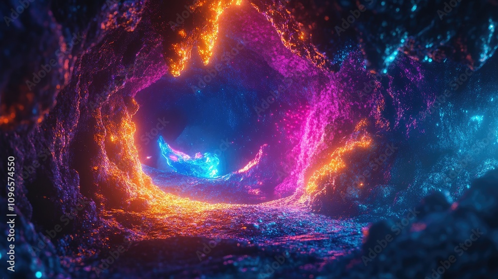 Fototapeta premium A vibrant, glowing cave filled with colorful light effects and textured rock formations.