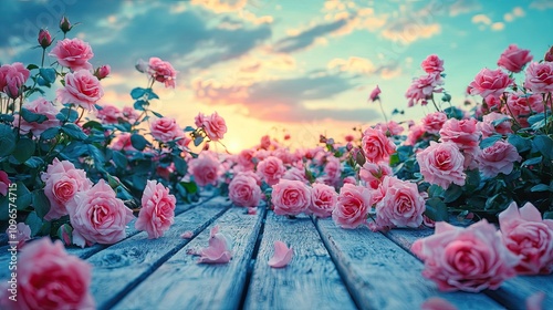 Pink roses, the wooden floor of the garden is covered with a large number of pink roses, and the wooden grid is covered with many pale pink roses photo