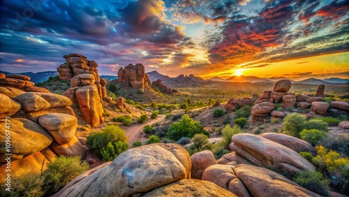 Captivating Rocks Formation Along Apache Trails in Arizona Showcasing Nature's Raw Beauty and Geological Wonders of the Desert Landscape at Golden Hour photo