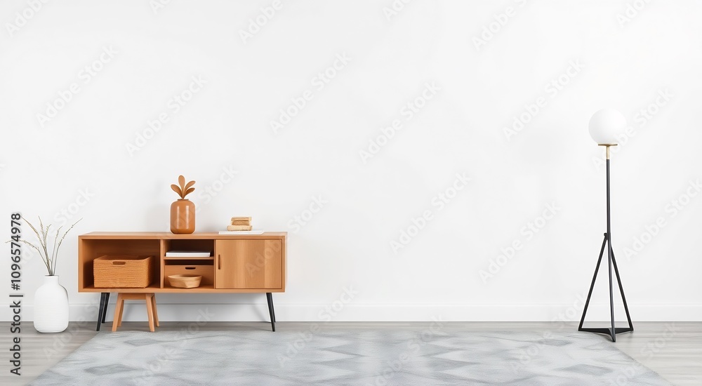 Modern living room with a wooden cabinet, a floor lamp and a grey rug. Modern living room with a wooden cabinet, a floor lamp and a grey rug.