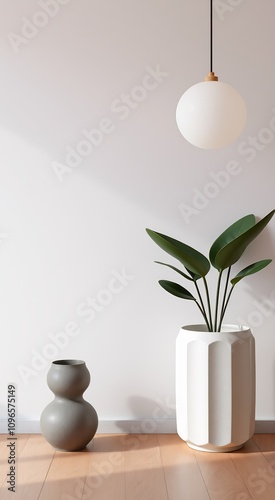 Minimalist interior design with a plant, vase and pendant light in a white room.