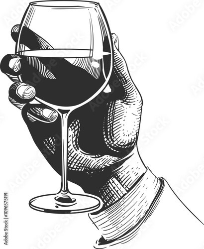 Wineglass in male hand engraving. Wine drinking sketch