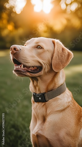 A golden labrador sitting in a sunlit field, looking content.