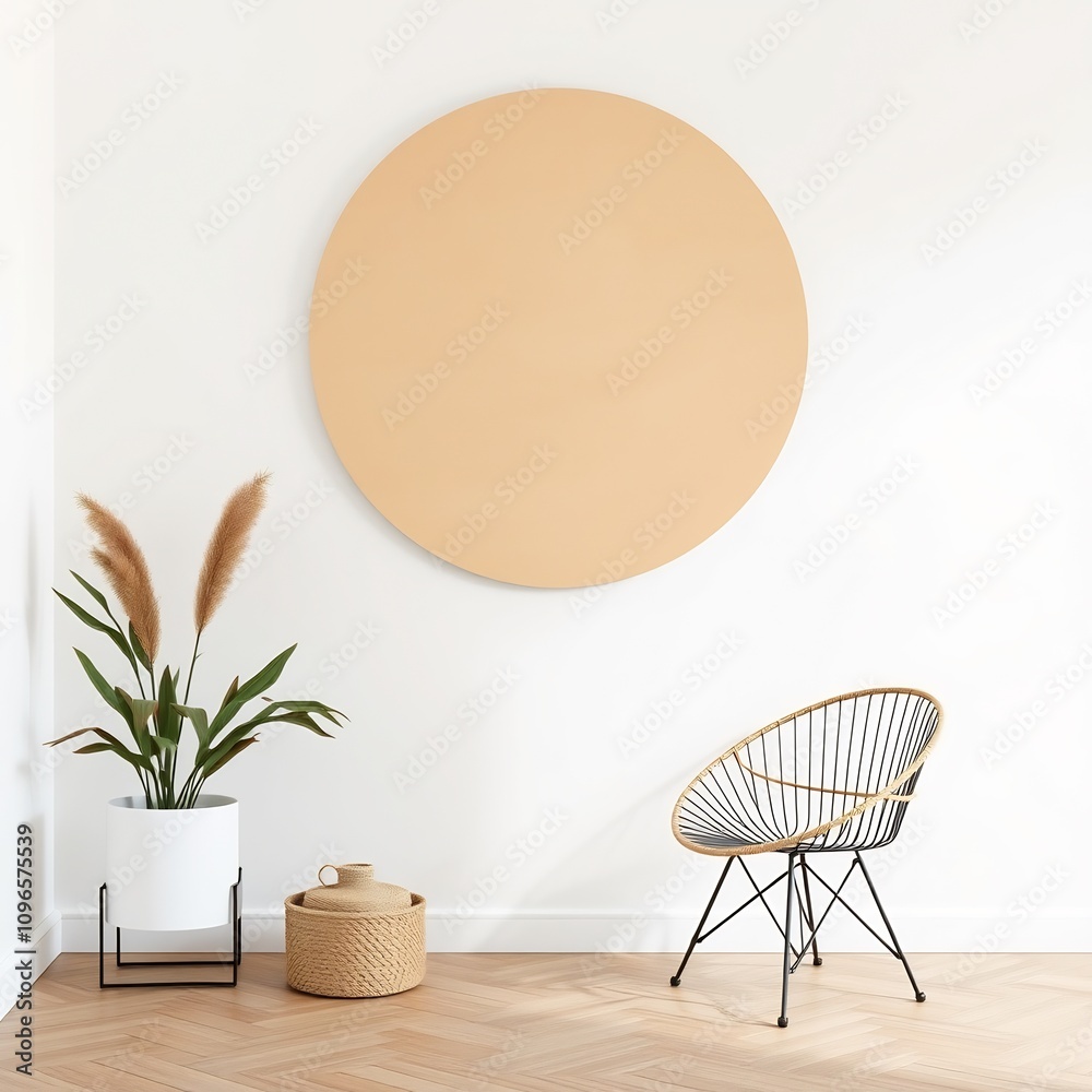 Minimalist living room interior with a round mirror, wicker chair, plant, and basket.