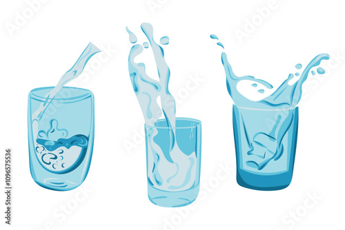 Three water glasses with dynamic splashes and fluid movement in shades of blue. Vector hand drawn illustration in flat style isolated on white background