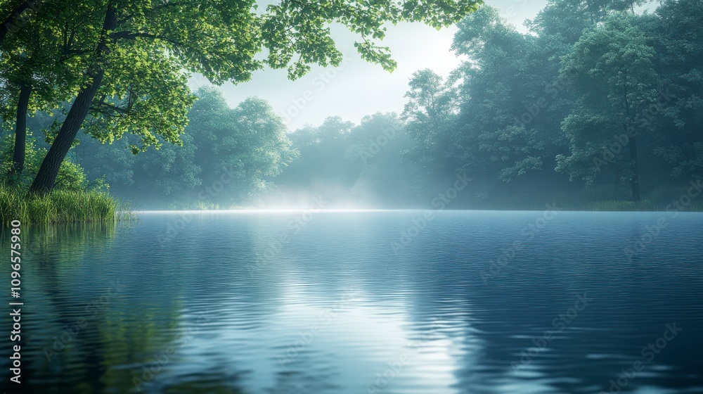 Misty Morning Lake Scene: Serene Forest Lake View with Tranquil Reflections Misty Morning Lake Scene: Serene Forest Lake View with Tranquil Reflections