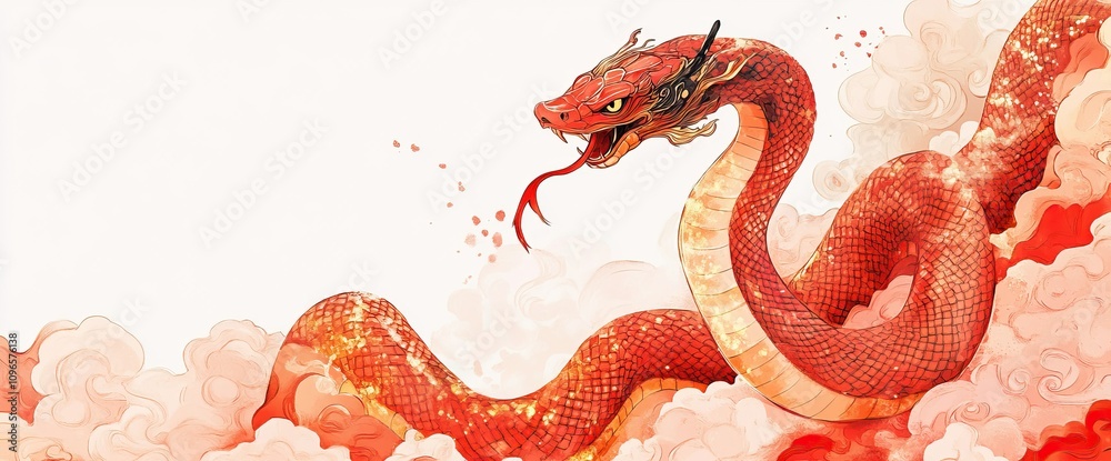 Chinese New Year-inspired illustrations featuring red dragons and snakes with symbolic designs. AI generated image Chinese New Year-inspired illustrations featuring red dragons and snakes with symbolic designs. AI generated image