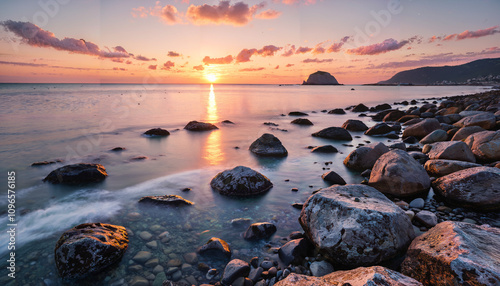 Coucher de soleil sur une côte rocheuse photo