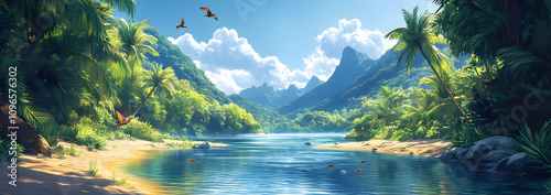 A vibrant cartoon illustration of the Amazon rainforest, featuring lush greenery, exotic wildlife, and colorful flora, capturing the rich biodiversity and enchanting beauty of this tropical paradise i