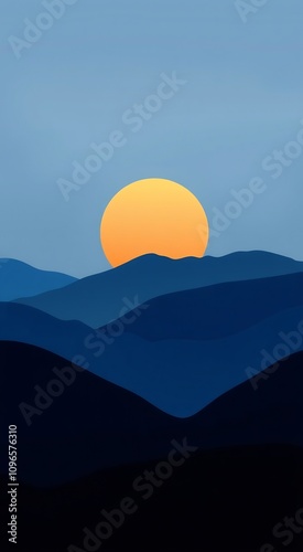 Silhouette of mountains with a big sun behind them. photo