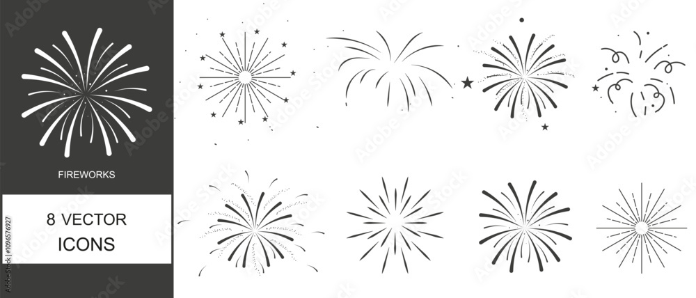 Fireworks icon set, fireworks, firecrackers, firecracker icons. Icons of Celebrations and Feasts.On a White Background.