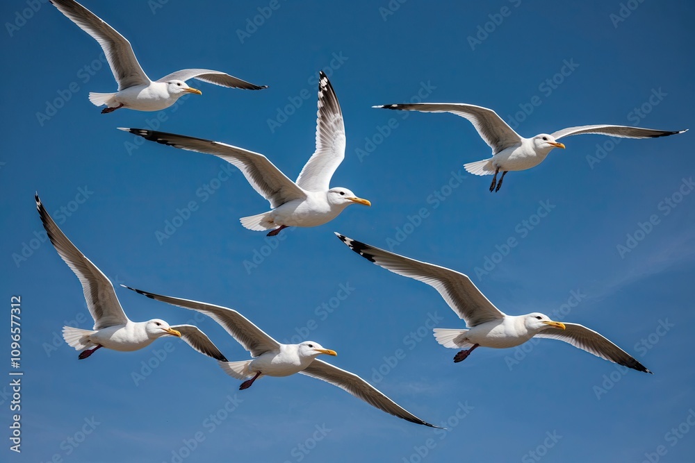 Obraz premium Group of Gliding Seagulls in Flight Against a Blue Backdrop