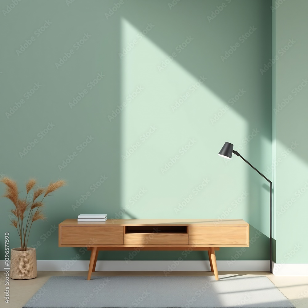 Wooden TV stand in a minimalist living room with a green wall and a floor lamp. Wooden TV stand in a minimalist living room with a green wall and a floor lamp.