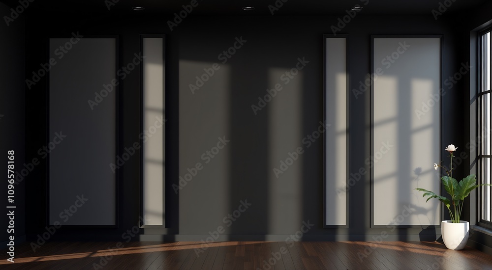 Empty room with black walls, three frames, and a plant in a white pot. Empty room with black walls, three frames, and a plant in a white pot.
