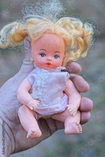 hand holding one small plastic doll toy with yellow hair on summer street