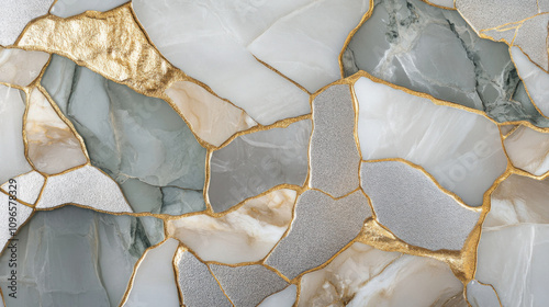 Abstract composition of broken marble pieces joined with golden accents, creating a luxurious and elegant mosaic design