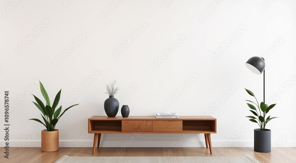 Minimalist living room with wooden console table, plants, and lamp. Minimalist living room with wooden console table, plants, and lamp.