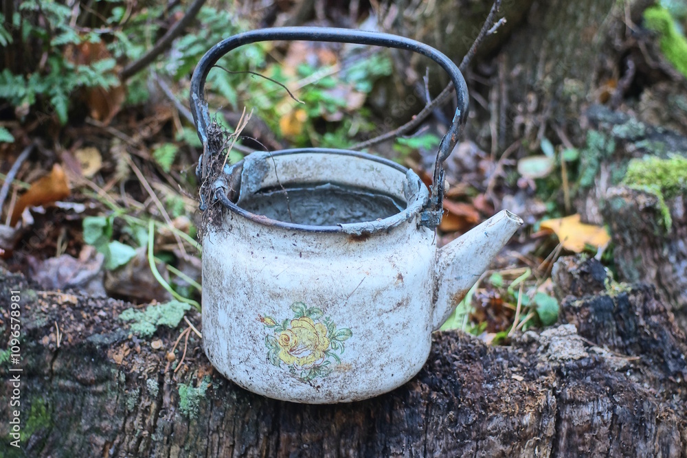 one old dirty white enamel metal teapot stands on a wooden table stump on a summer street one old dirty white enamel metal teapot stands on a wooden table stump on a summer street