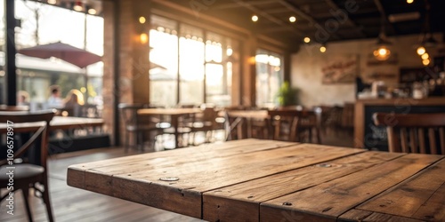 Rustic Wooden Tabletop in a Sunlit Cafe Setting, Ideal for Product Placement or Menu Displays