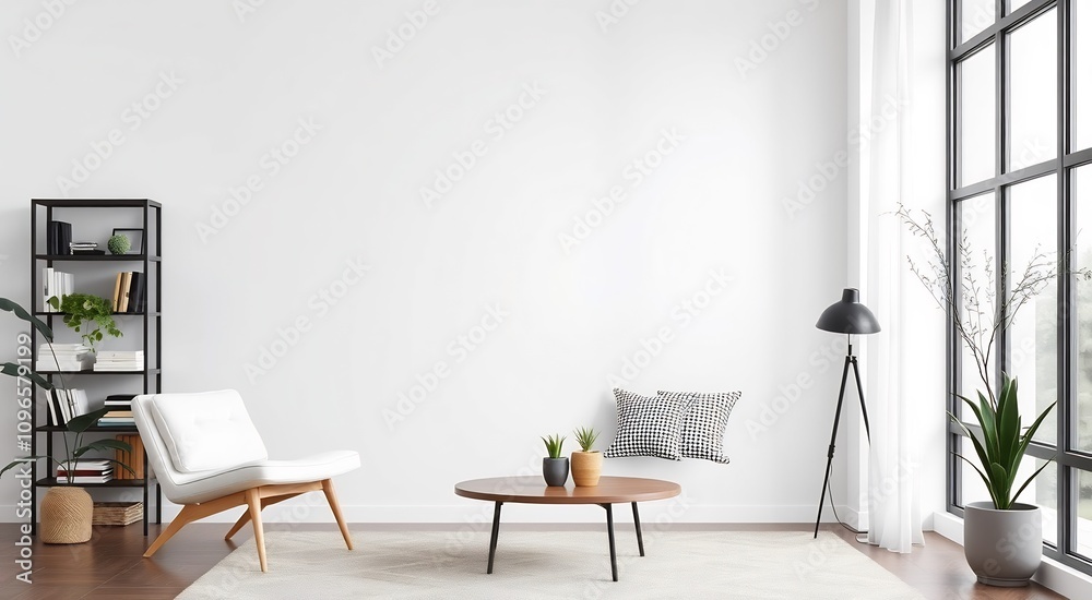 Minimalist living room with a white chair, wooden coffee table, and large windows. Minimalist living room with a white chair, wooden coffee table, and large windows.