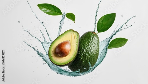 Sliced avocado with splashes and leaves  isolated on white background