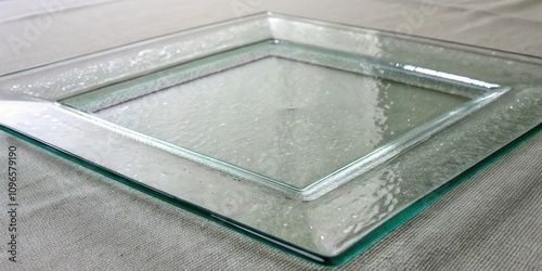 A clear square glass serving platter with a textured surface and a beveled edge rests on a neutral fabric
