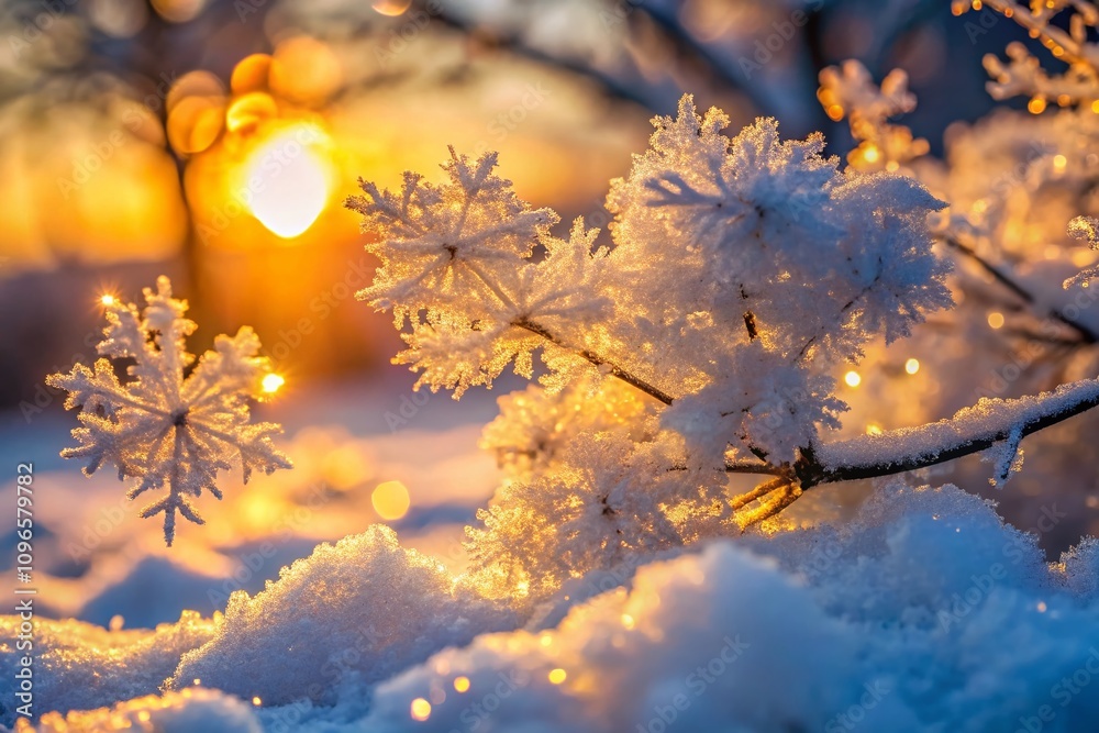 Capturing the Serenity of a Snowy Sunrise: Macro Photography of Frost-kissed Nature at Dawn with Glowing Sunlight Filtering Through the Snowflakes and Trees