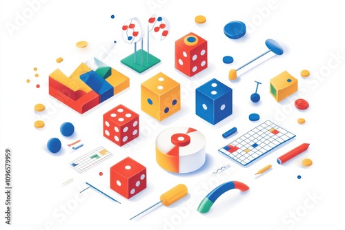 Colorful and Playful Gaming Accessories Collection Featuring Dice, Tokens, Charts, and Game Pieces in Vibrant Colors for Fun Board Games and Activities