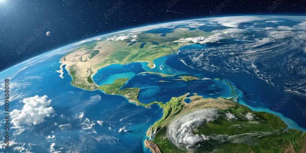 Fototapeta premium A Stunning View of the Earth from Space, Showing North and Central America with Ocean and Clouds