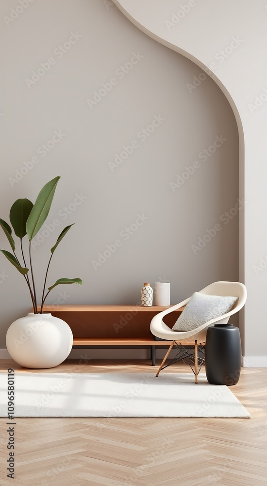 Minimalist living room interior with armchair, plant and rug.