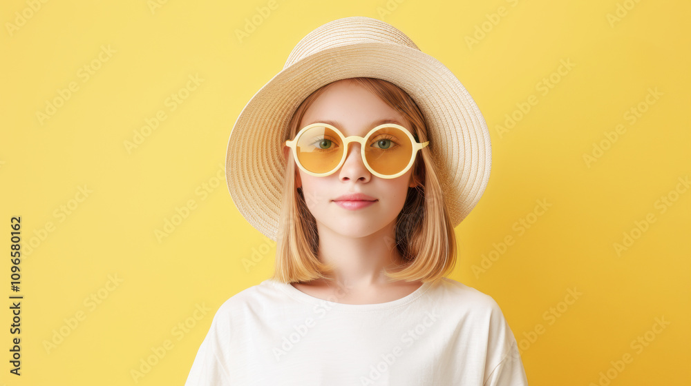 Beautiful Caucasian teenager girl wearing casual white t- shirt with vintage yellow sunglasses and straw hat for portrait of fashion on yellow background on summer concept Beautiful Caucasian teenager girl wearing casual white t- shirt with vintage yellow sunglasses and straw hat for portrait of fashion on yellow background on summer concept