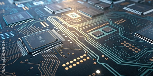 Close-up view of a complex microchip circuit board featuring intricate pathways and multiple integrated circuits photo