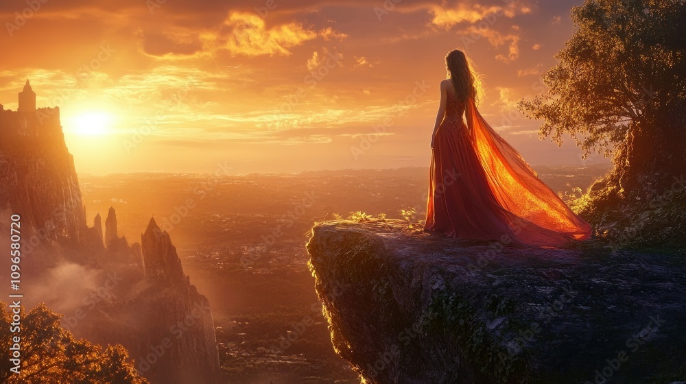 A woman in a flowing red dress stands on a cliff, gazing at a vibrant sunset landscape. A woman in a flowing red dress stands on a cliff, gazing at a vibrant sunset landscape.