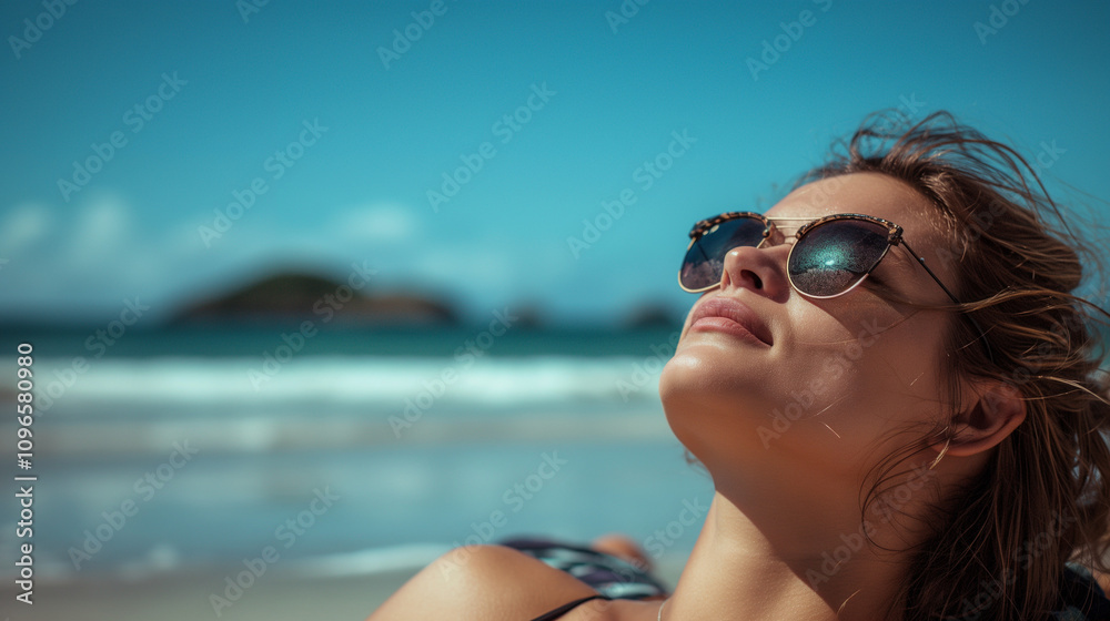 Woman in sunglasses sunbathing on a beach. Woman in sunglasses sunbathing on a beach.