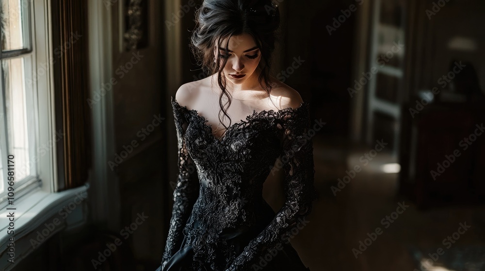 Fototapeta premium A woman in a stunning black lace gown stands elegantly in a softly lit room.