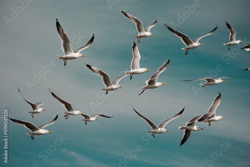 Seagulls Congregating in Elevated Flight Under a Teal Sky photo