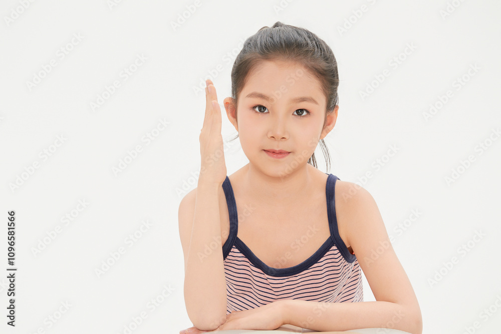 Lively and cute little Chinese girl on white background child Lively and cute little Chinese girl on white background child