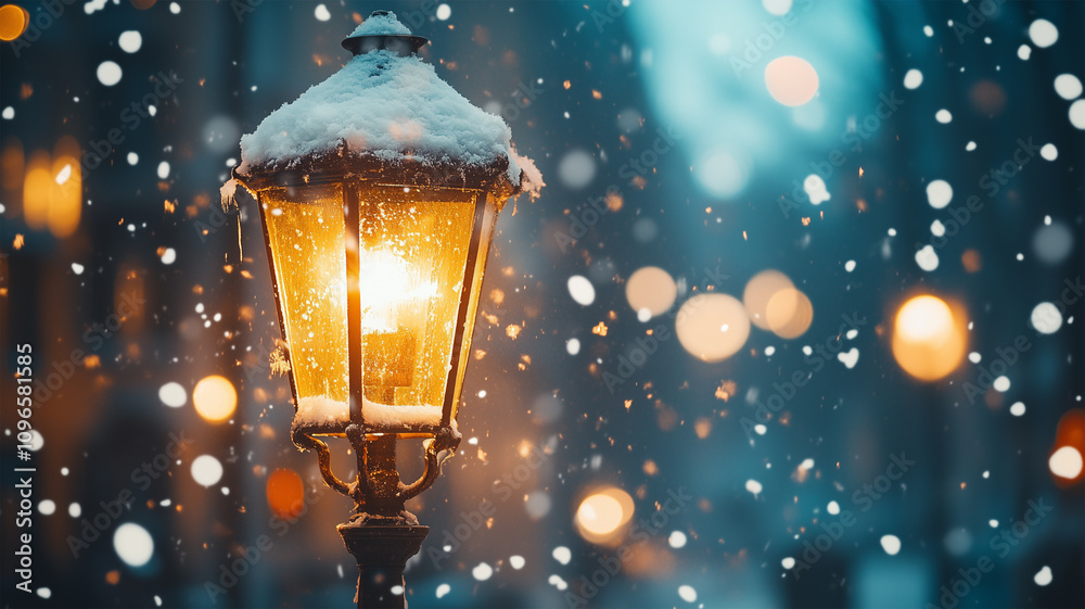 雪化粧の街灯と冬のボケ