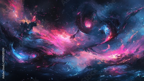 Vibrant nebula with swirling cosmic clouds and pink, blue, and red hues.