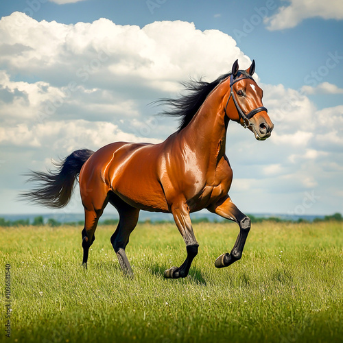 The sleek bay horse races swiftly across the grassy field