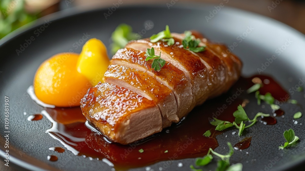 Sliced Roasted Duck Breast with Sauce and Garnish Sliced Roasted Duck Breast with Sauce and Garnish