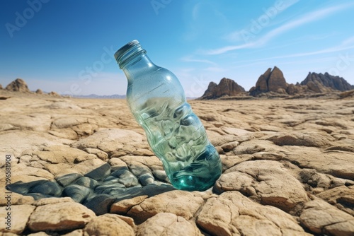 Vivid Plastic Water Bottle in Parched Environment, Hikecore Aesthetic